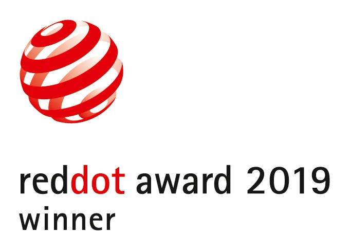 Logo des Red Dot Award 2019 mit roter Kugel und Schriftzug für Design-Auszeichnung.