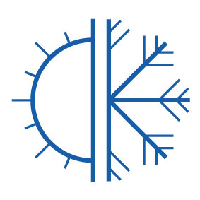 Blaues Symbol für Klimaanlage, kombiniert aus Sonne und Schneeflocke, auf weißem Hintergrund.