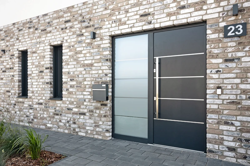 Moderne Haustür mit Seitenteil aus Glas in einer Fassade mit Klinkersteinen und Hausnummer.